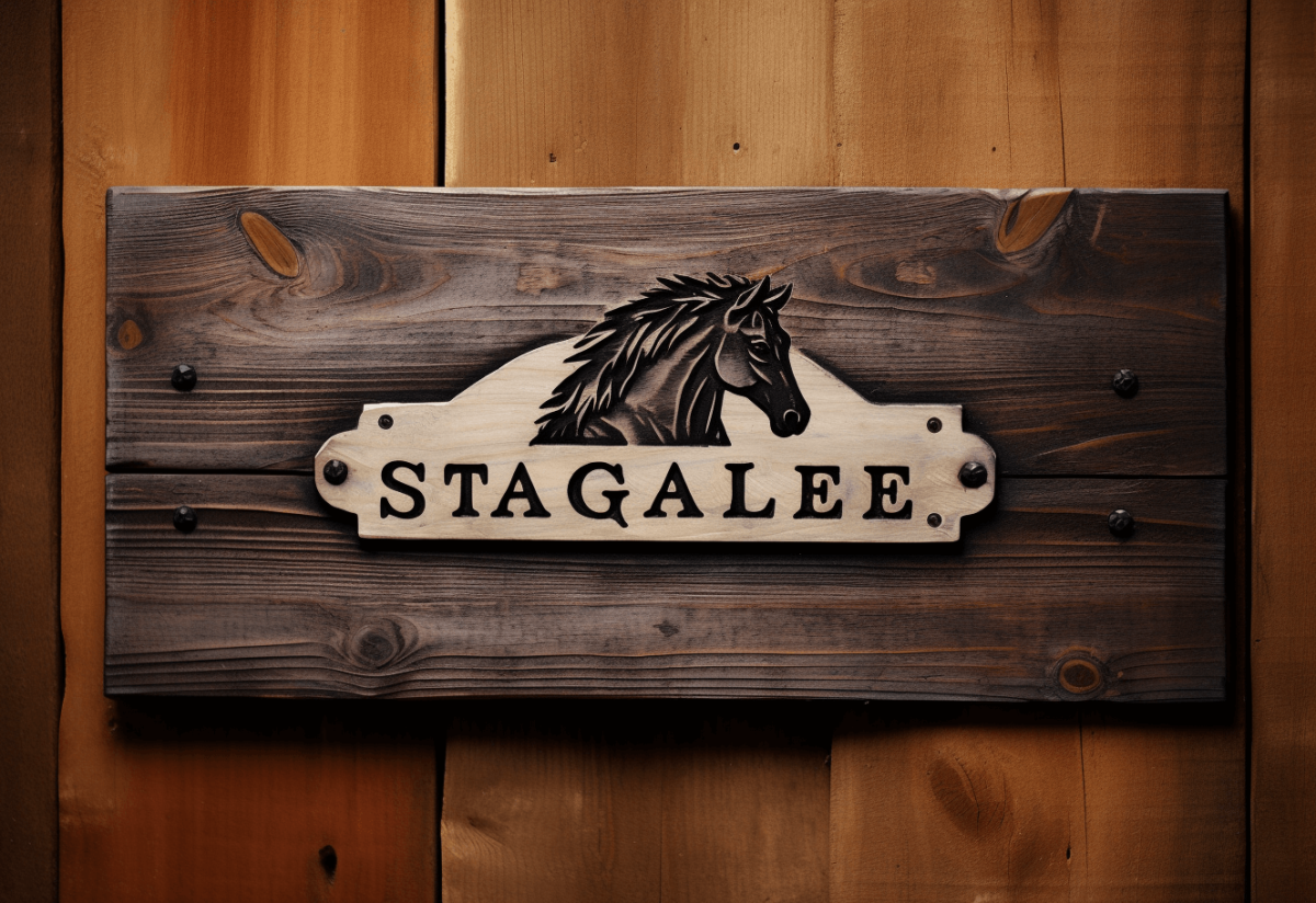 Grey name plaque for horse stable
